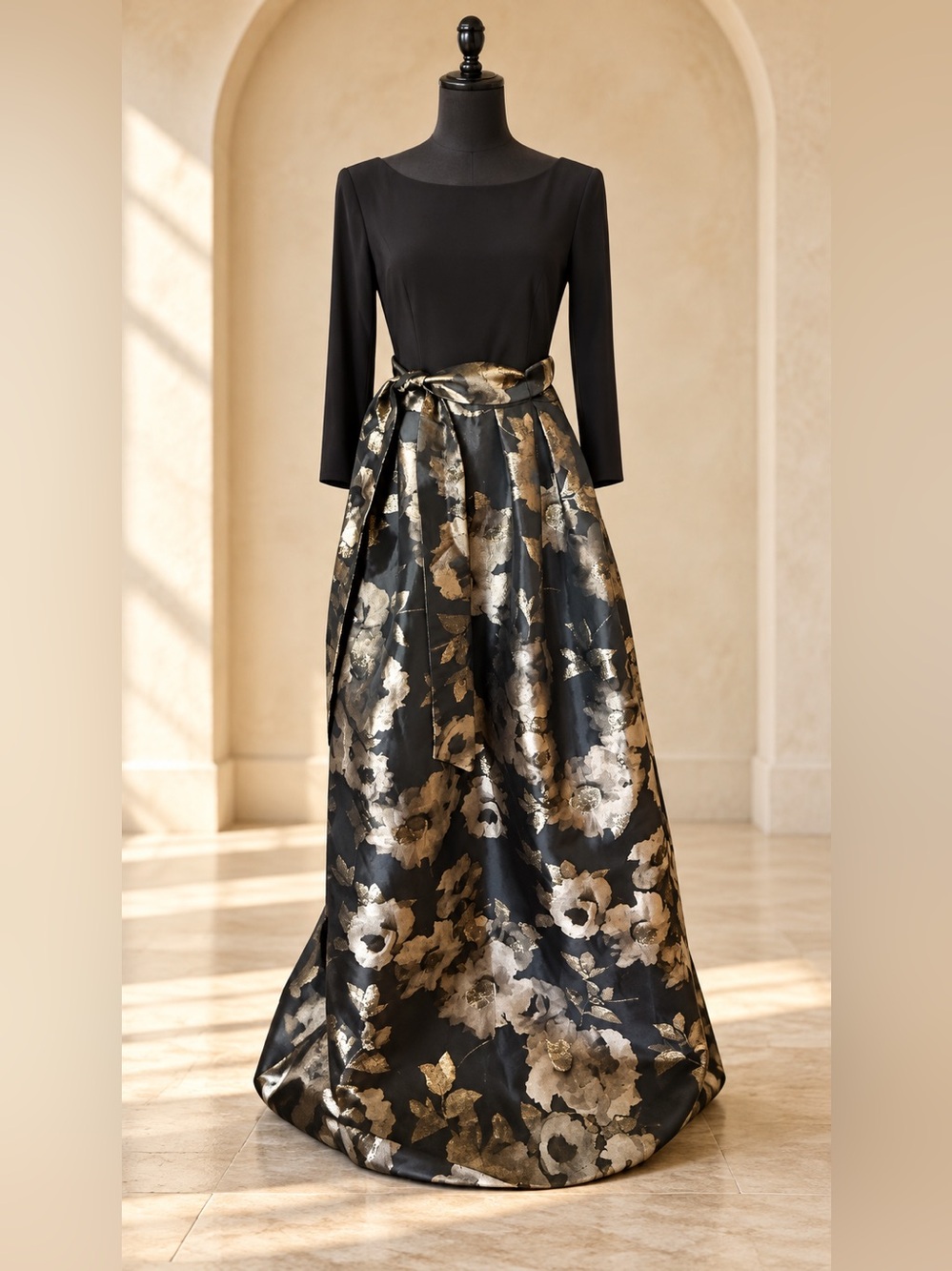 Jessica Howard Black Maxi Dress with Gold Floral Skirt